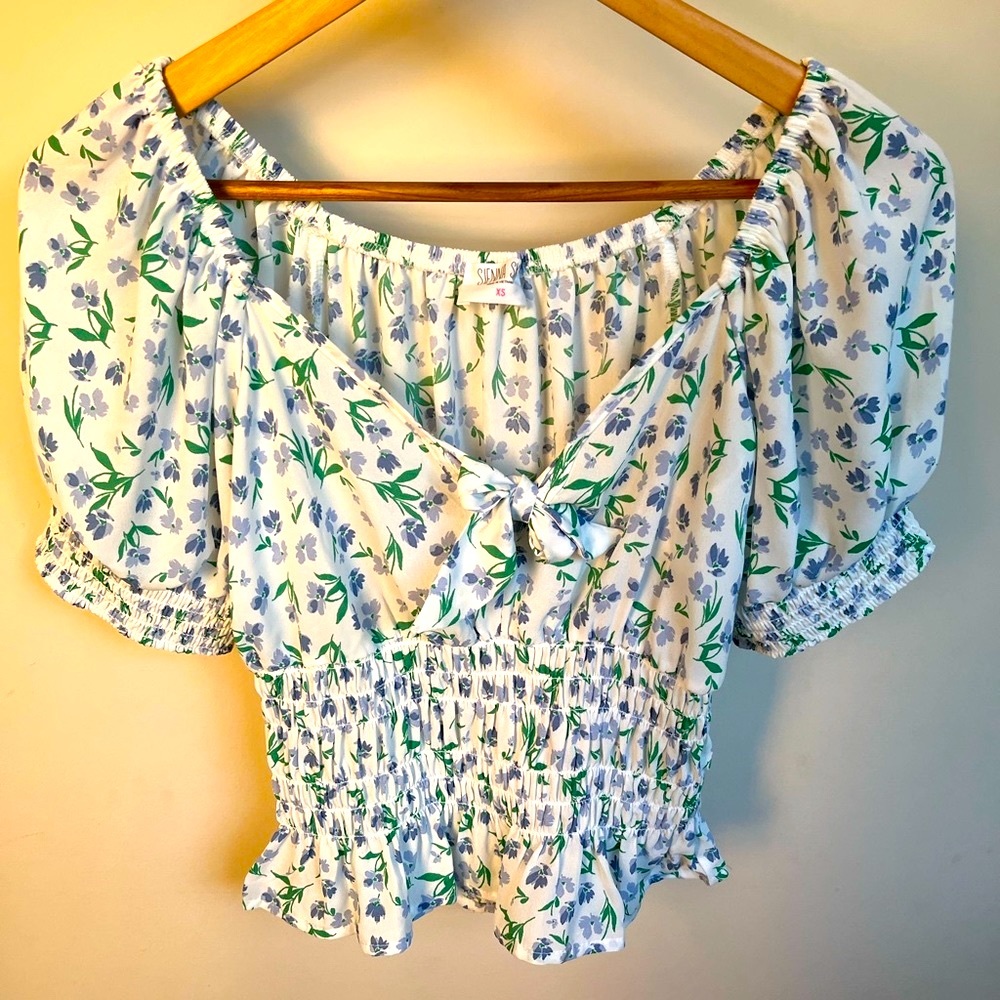 Sienna Sky Blue and White Floral Peplum Puff Sleeve Top Size XS
